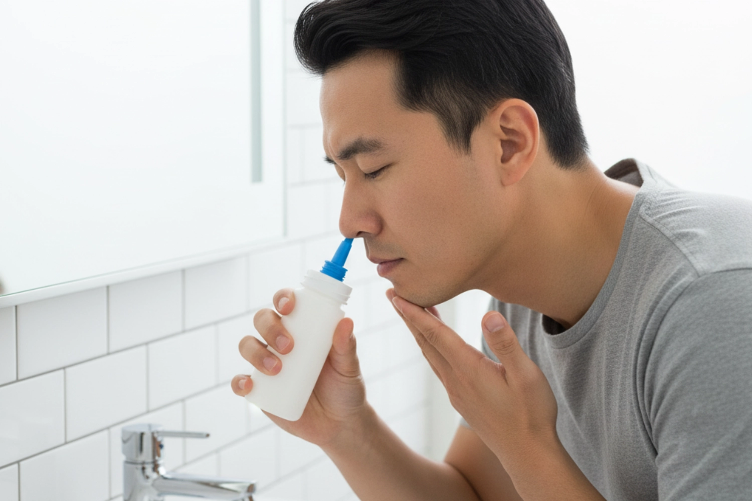 一名男子正在使用洗鼻器進行鼻腔沖洗，這是鼻息肉術後保養的關鍵步驟